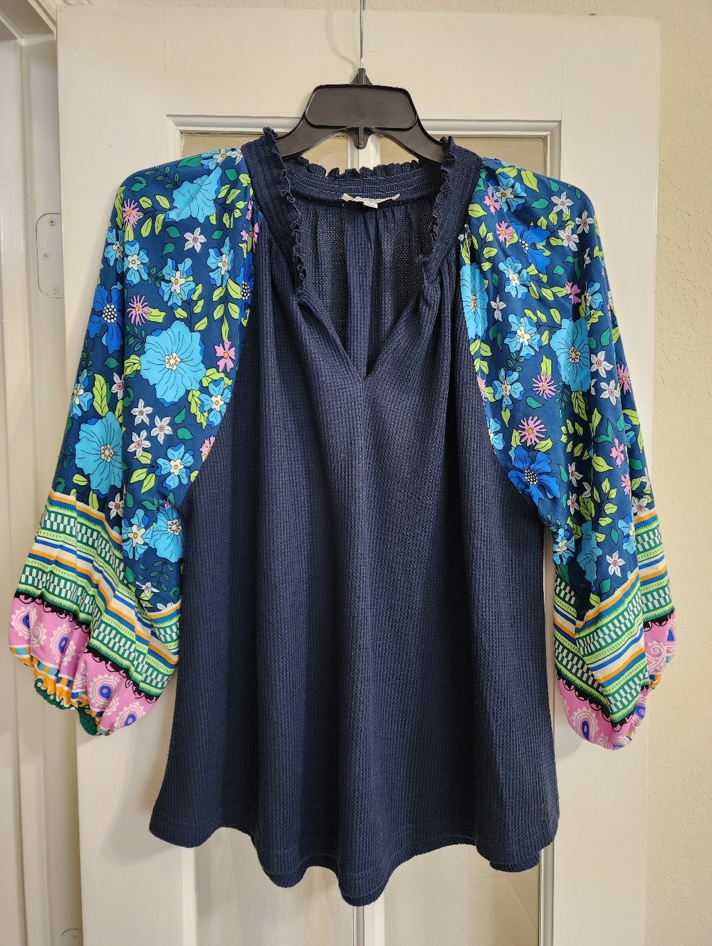 Umgee Boho Floral Sleeve Waffle Knit Tunic Top Navy 1XL